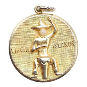 Virgin Islands Faux Pearl Souvenir Pendant Round Shape Gold Tone Vintage